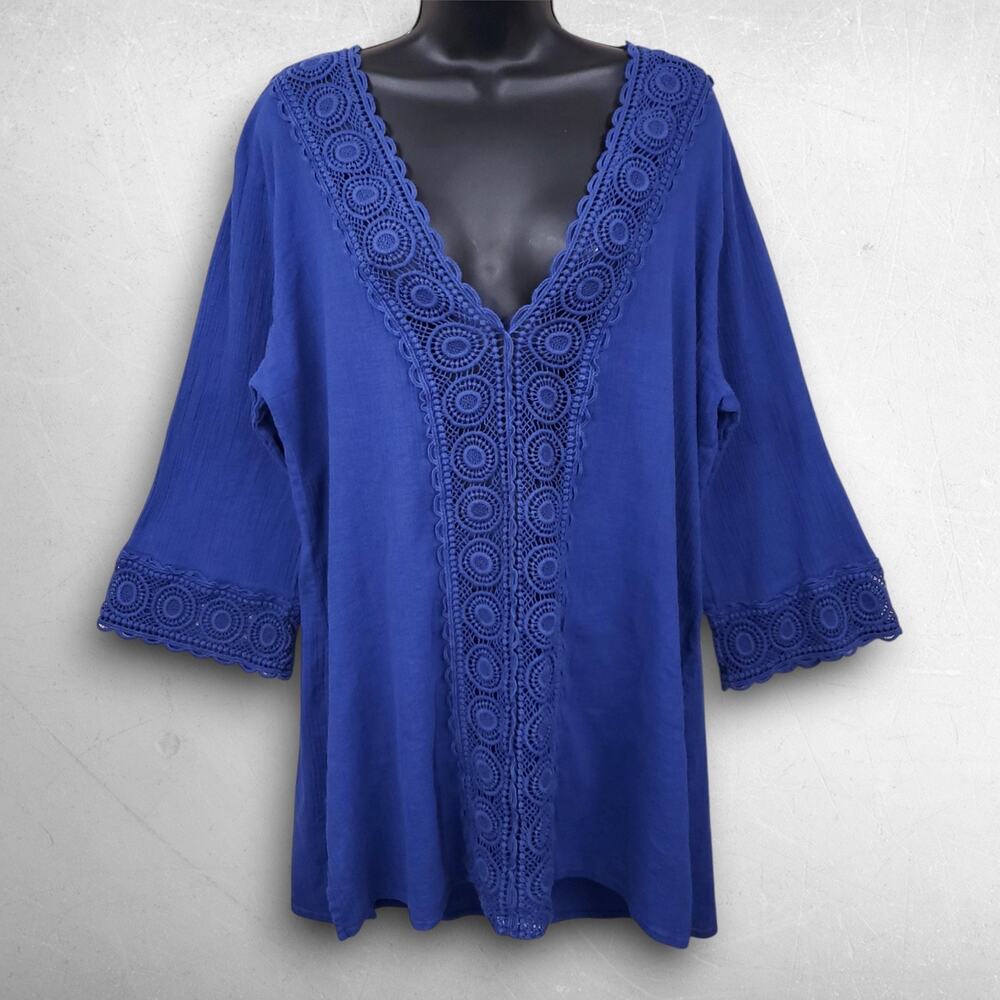 La Blanca Island Fare Crochet Coverup Tunic Women XL Blue Deep V-neck 3/4 Sleeve - Picture 2 of 6